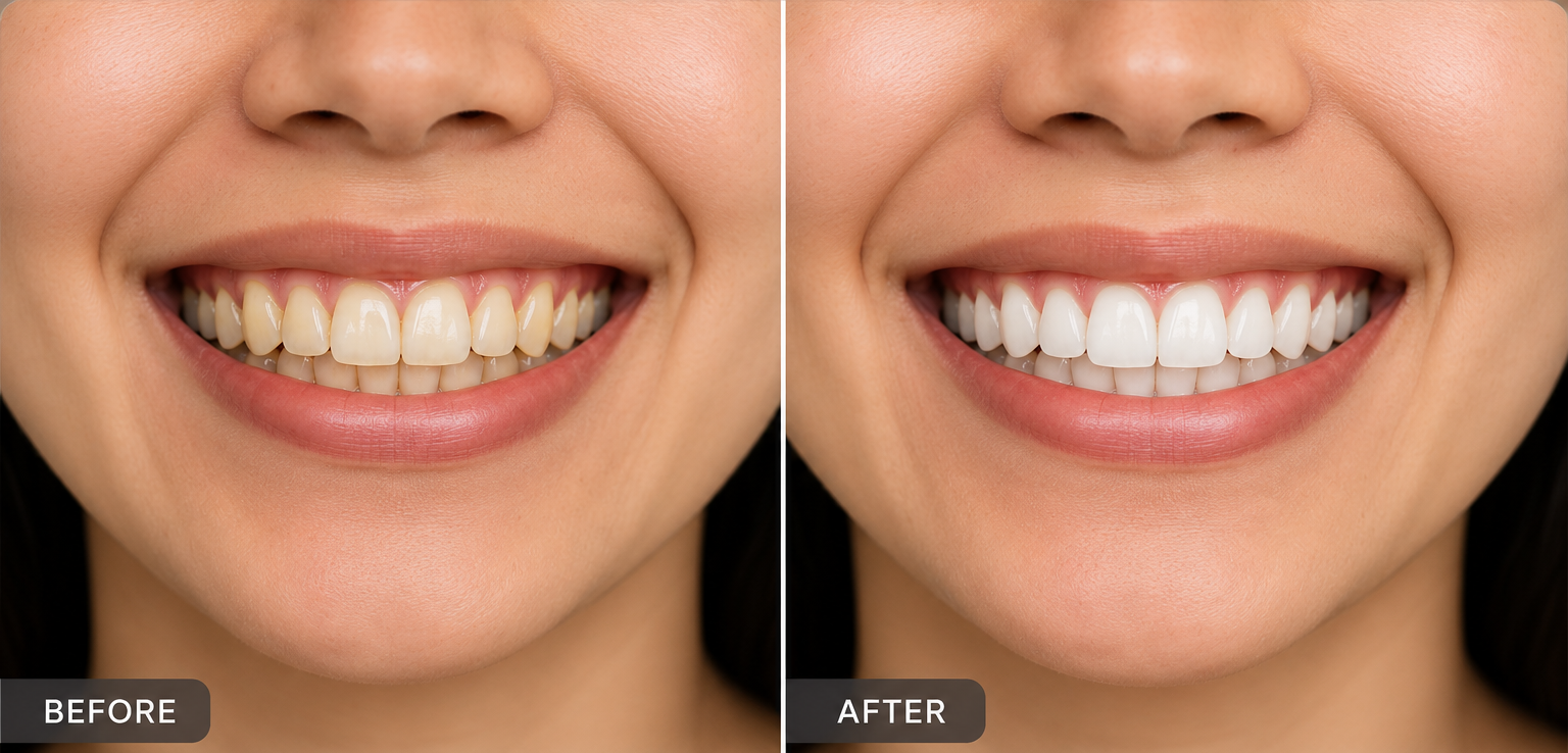 Before and after teeth whitening treatment